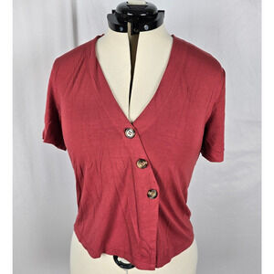 Good Luck Gem Blouse Women's L Rust Wrap Button Short Sleeve V-Neck Crop